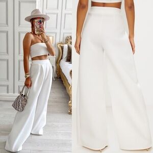 PLT White Bonded Scuba Pleated Extreme Wide Leg Trousers